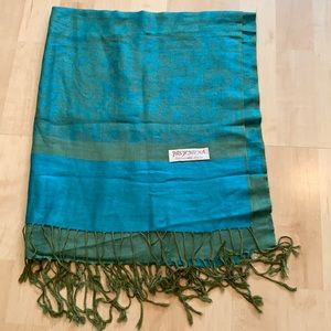 Pashmina scarf or wrap, green and blue scarf with fringe tassel edging